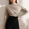 Autumn Women Long Sleeve Elastic Pure Color Going Out Tops Ruched Fashion Elegant Softy Slim Crop Top