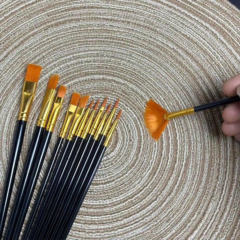 New 12pcs Nylon Bristle Brush Set, Nylon Flat Brushes Watercolor Brushes Oil Paint Brushes For Artists Amateur Acrylic Painting