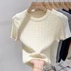 Женский летний новый облегающий короткий топ-свитер с коротким рукавом и круглым вырезом