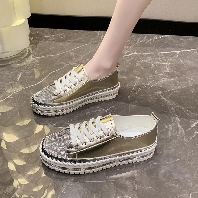 Women Shoes Diamond Setting Platforms Casual PU Walking Flats Lace Up Shoes Sneaker Plus Size 44