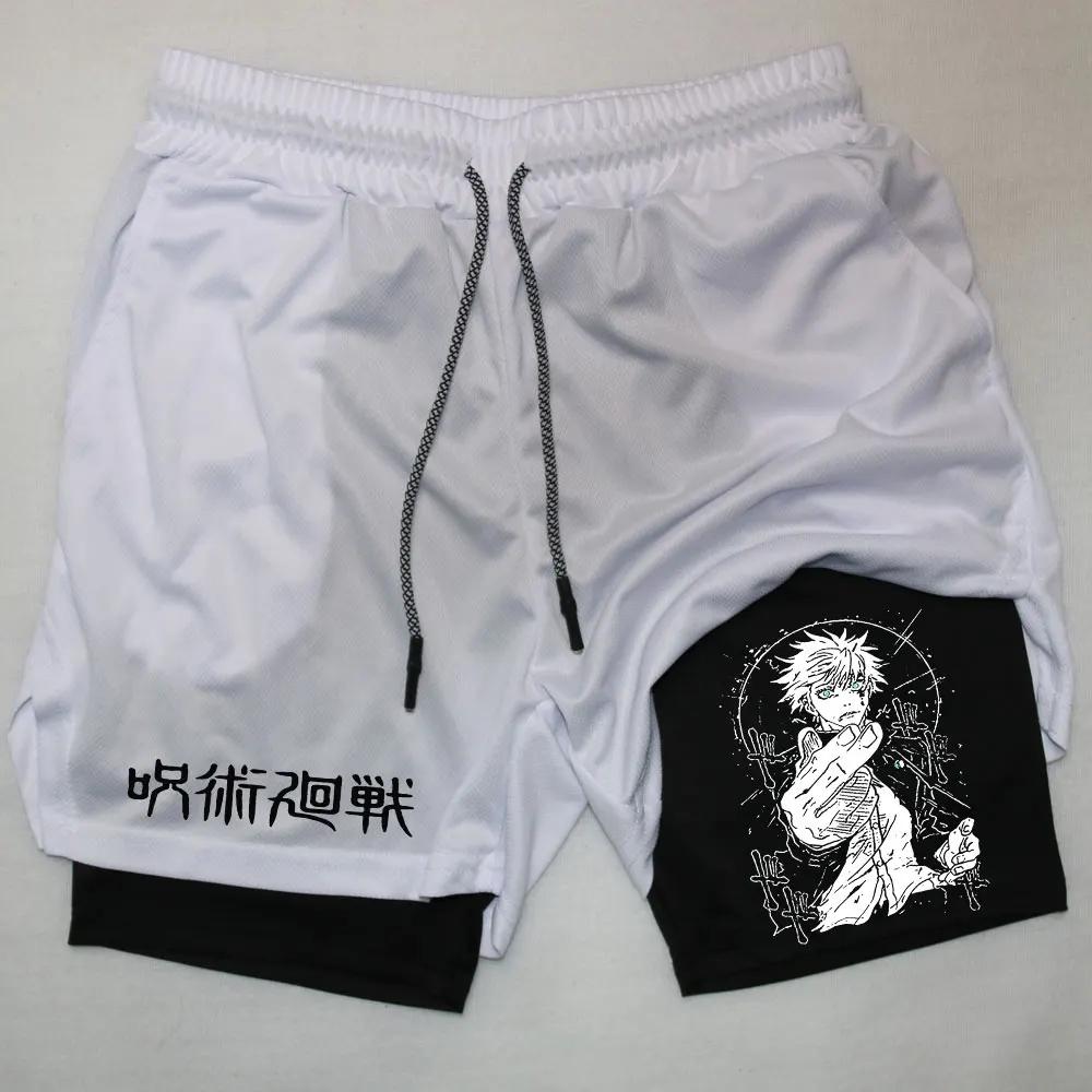 Тренировочные шорты 2 в 1 компрессионные шорты для мужчин тренажерный зал тренировки бег спортивные аниме джиу-джитсу кайсен карманы активная одежда