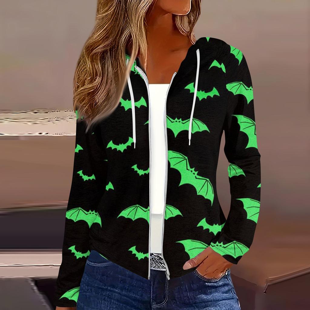 Women's Fashion Casual Zip Up Hooded Halloween Print Long Sleeve Sweatshirts Coat