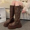 2025 лацкан два способа ношения пряжка ремня новые рыцарские ботинки женские осенние на толстой подошве в британском стиле высокие трубы ретро длинные трубы приливные ботинки