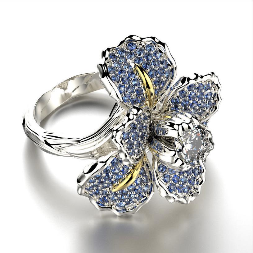 Blue Topaz Two-Color Iris Flower Ring for Women