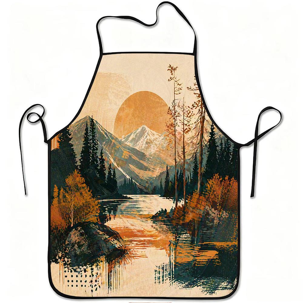 1pc Autumn Mountain Landscape Print Apron, Durable And Easy to Clean, Adjustable Waistband, Polyester Material, for Kitchen Cooking, Gardening, Orchar