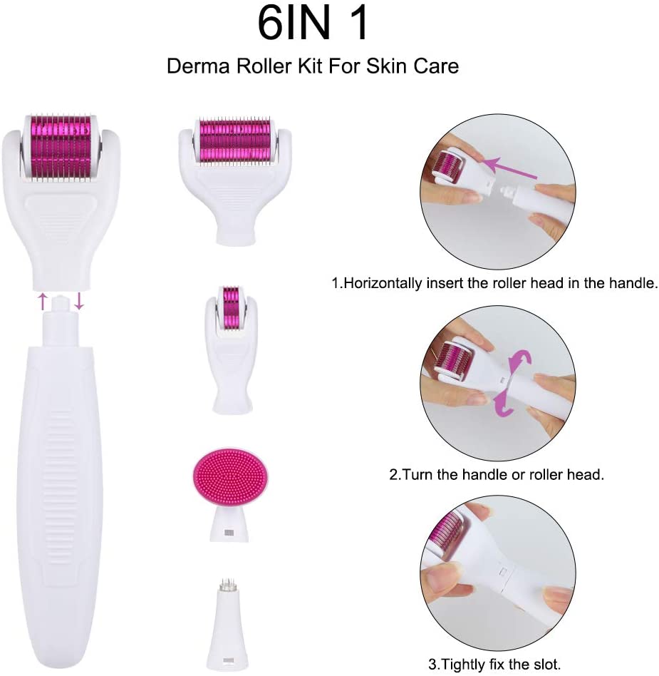 Дерма-валик для лица — набор микроигольных роликов и дерма-штампов 6 в 1 для мезотерапии — улучшение текстуры кожи, улучшение пор и роста волос