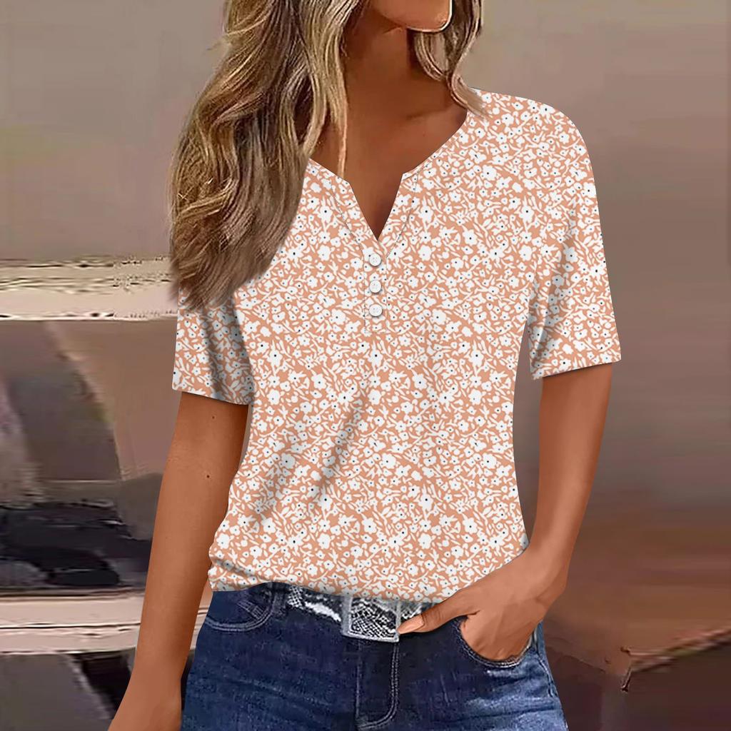 Women's T Shirt Tee Print Button Short Sleeve Daily Weekend Fashion Basic V- Neck Regular Top