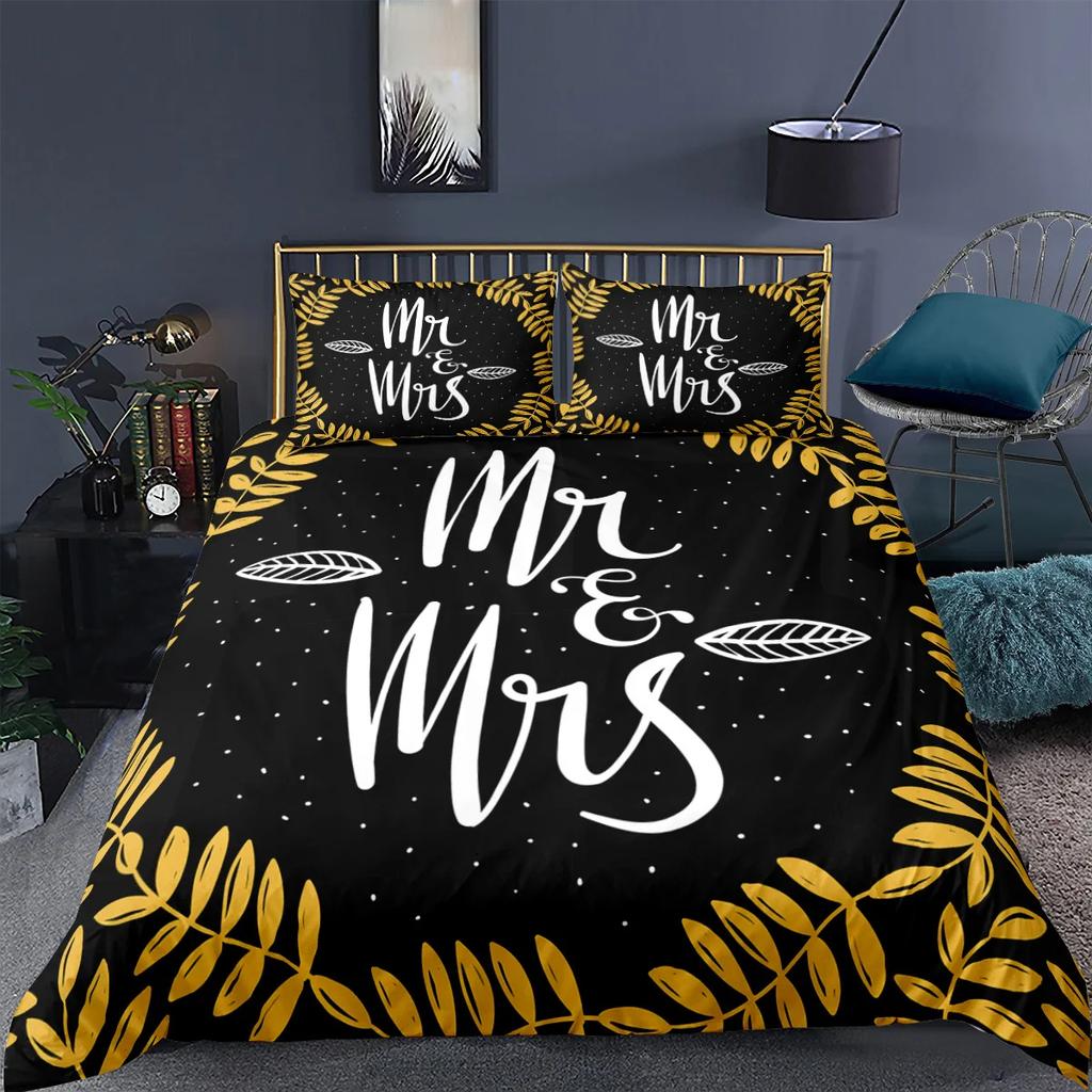 Черно-белый пододеяльник Queen/King/Full Size Mr and Mrs Комплект постельного белья из 3 предметов Мягкий микрофибровый парный романтический пододеяльник