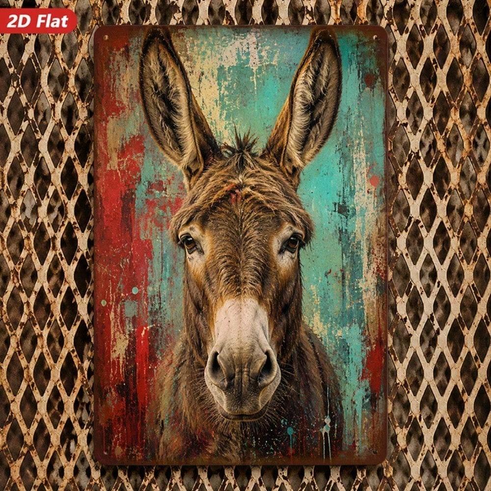 1pc Rustic Vintage Metal Sign, Donkey Portrait 2D Flat Wall Decor Plaque, Windproof Durable Iron Hanging Ornament