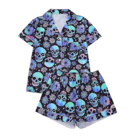 Комплект женской пижамы на Хэллоуин с принтом призрака и тыквы, рубашки с коротким рукавом на пуговицах и шорты, комплект одежды для сна из 2 предметов, домашняя одежда, короткий комплект пижамы