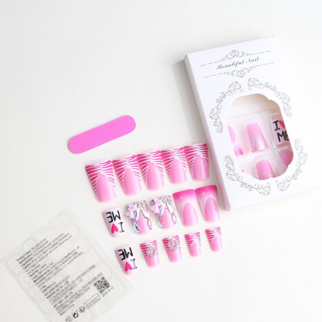 Popular hand-worn nail fake nail duck mouth type wearing nail piece French pink point diamond sweet cool wind
