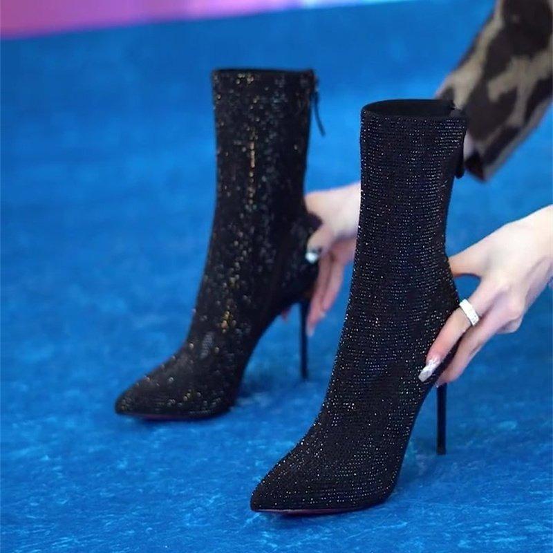 Модные осенние новые тонкие каблуки-одиночки женские модные остроносые ботильоны с пайетками сзади на молнии темперамент на высоком каблуке