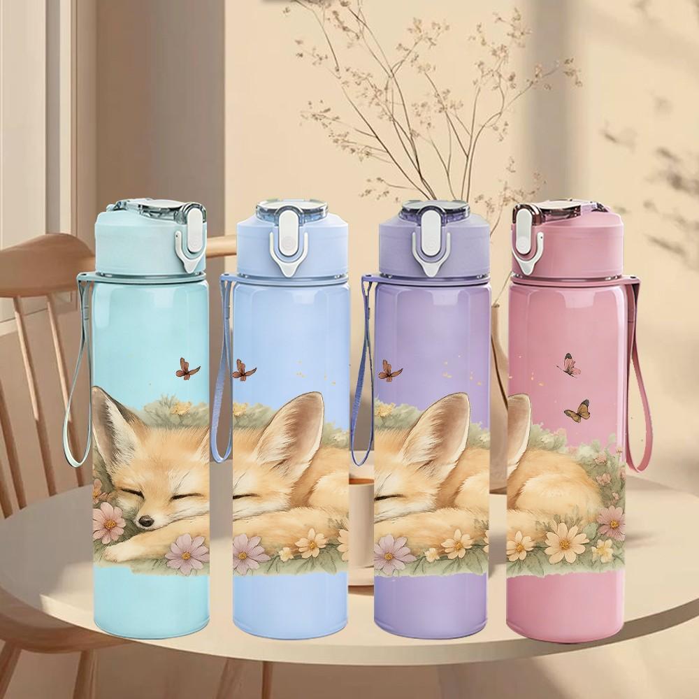 1PC Cute Fox Sleepy Floral Surround Print 750ml Color Plastic Sports Water Bottle Leakproof Flip Straw Lid Suitable for Sports Office Home Use