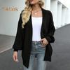 Women Sweater Coat Collarless Lantern Long Sleeve Open Front Knitting Coat Solid Color Loose Fit Mid-length Outwear
