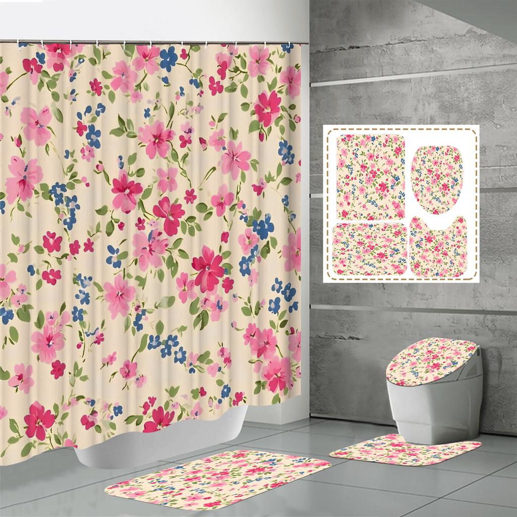 4 ШТ. Наборы штор для душа со шторкой для душа и ковриками, коврик для крышки унитаза, U-образный коврик и коврик для ванной, набор для ванной комнаты с 12 крючками