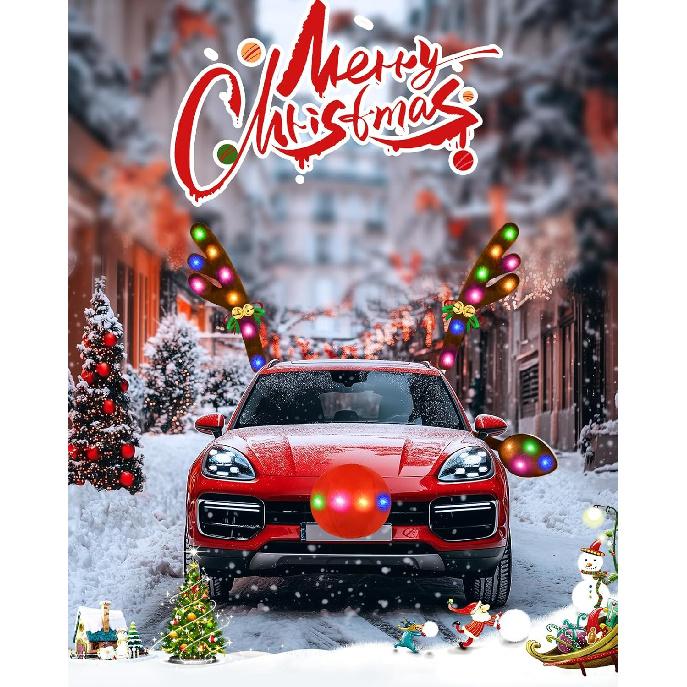 Christmas Reindeer Antlers Car Decoration Kit, LED Lights Nose Vehicle With Jingle Bells Rudolph, Auto Holiday Accessories For SUV Van Truck Decor