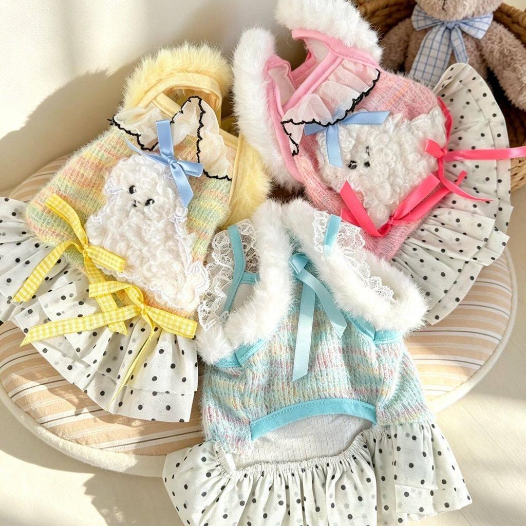 Super cute plush princess skirt autumn and winter thickened with plush polka dot gauze skirt Bichon Maltese small dog clothes