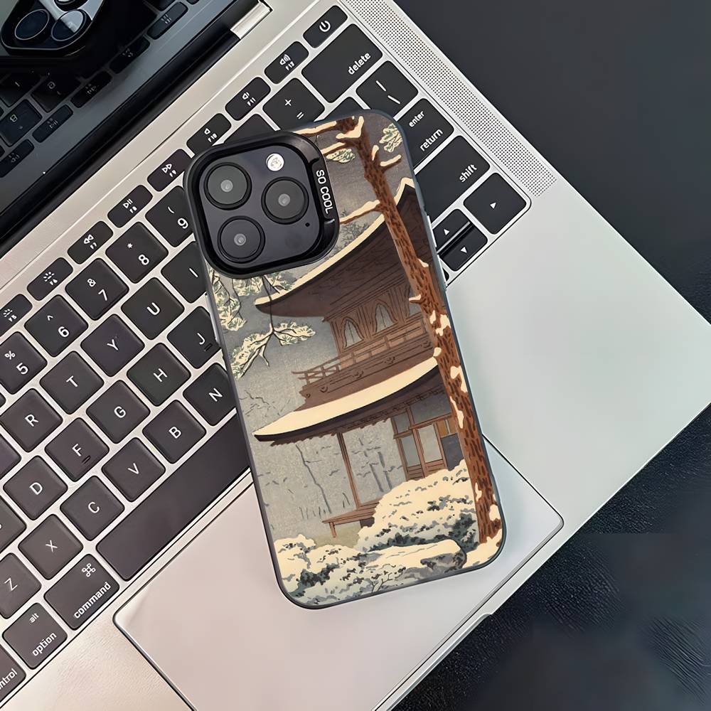 Чехол для телефона в японском стиле Укиё-э для iPhone 17,16,15,14,13,12,11,Pro,XS,Max,Plus,Mini,SE4,E Черный Матовый Ударопрочный Чехол