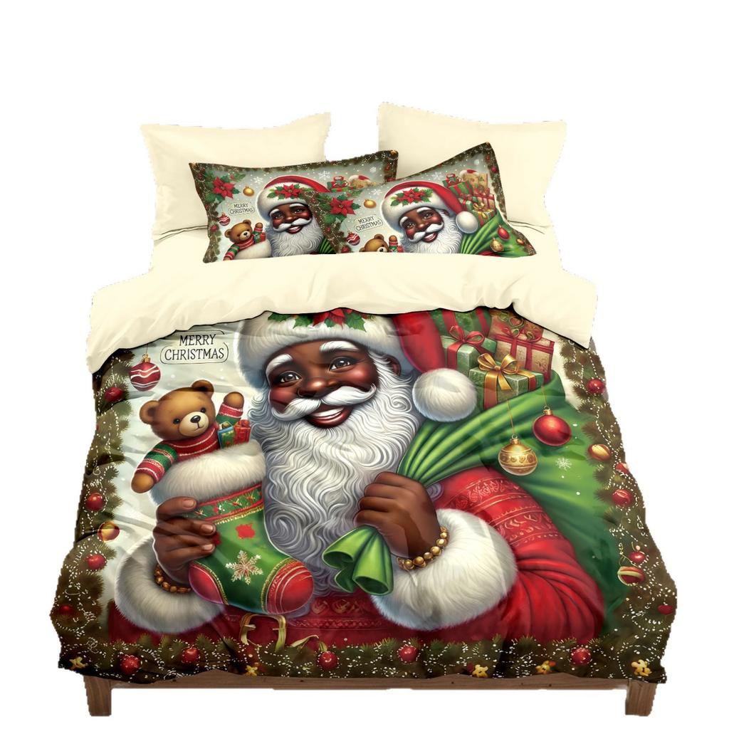 Three-piece Christmas Bedding Set, Brushed Duvet Cover and Pillowcase Set with Santa Claus Digital Print