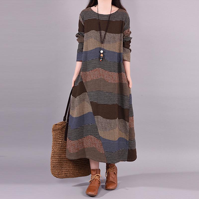 Весеннее женское платье миди из хлопка и льна в полоску пэчворк с круглым вырезом и длинными рукавами, 2025