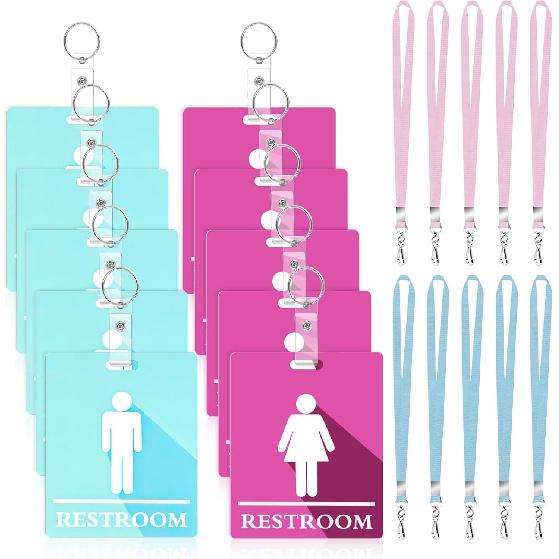 10 PCS Bathroom Passes for Classrooms Include Key Holder and Lanyard, Pink and Blue Bathroom Pass for Women Men, Bathroom Key Chain for Business