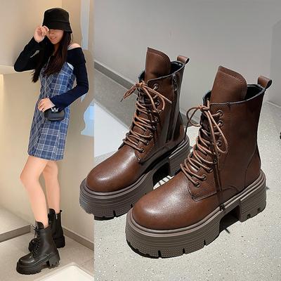 Британские короткие ботинки на шнуровке в стиле ретро с толстой подошвой и круглым каблуком для женщин