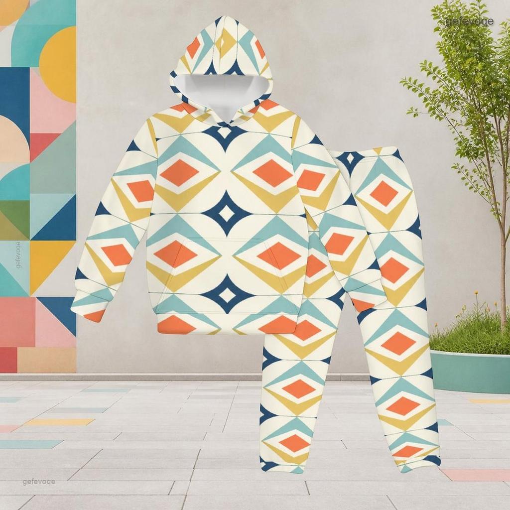 Girls Geometric Printed Hooded Long Sleeve Kangaroo Pocket Top Cuffed Pants Two Piece Outfit