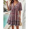 Spring Summer Leisure Short Sleeve Holiday Floral Printed Dress Beach Loose Short Dresses