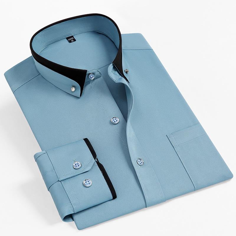 Мужская эластичная рубашка с длинным рукавом, контрастным воротником, не требующая глажки - Деловой кэжуал, Весна/Осень