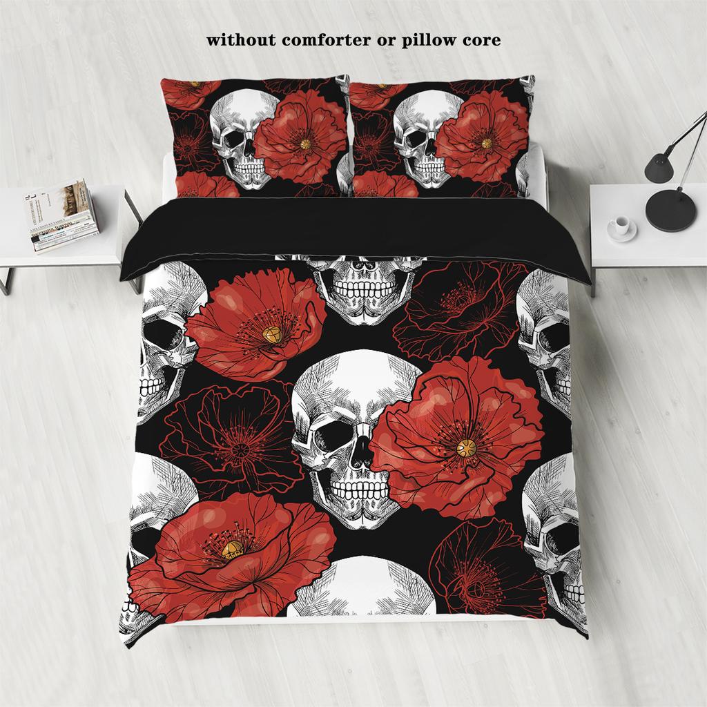 Комплект пододеяльника из трех частей с принтом в виде черепов и цветов (1 пододеяльник+2 наволочки, без наполнителя) Комплект постельного белья на тему Хэллоуина