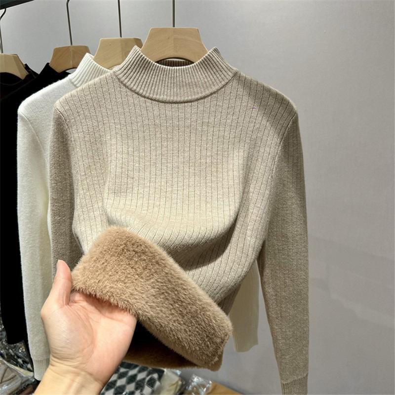 Корейский теплый свитер, пуловер, женский зимний тонкий утепленный плюшевый трикотаж на бархатной подкладке, джемпер, полуводолазка, поляры, мягкие вязаные топы