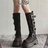Cowhide Version But Knee Thick-soled Heightening Small Long Boots Women's Thick Heel Thin Locomotive Knight Boots High Boots