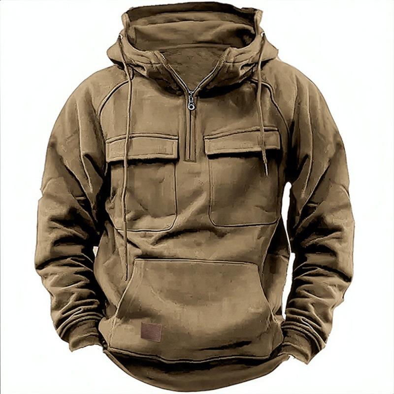 New Men's Solid-Colour Hooded Sweatshirt with Multiple Pockets Leather-Patch Detail Zip-Up Jacket