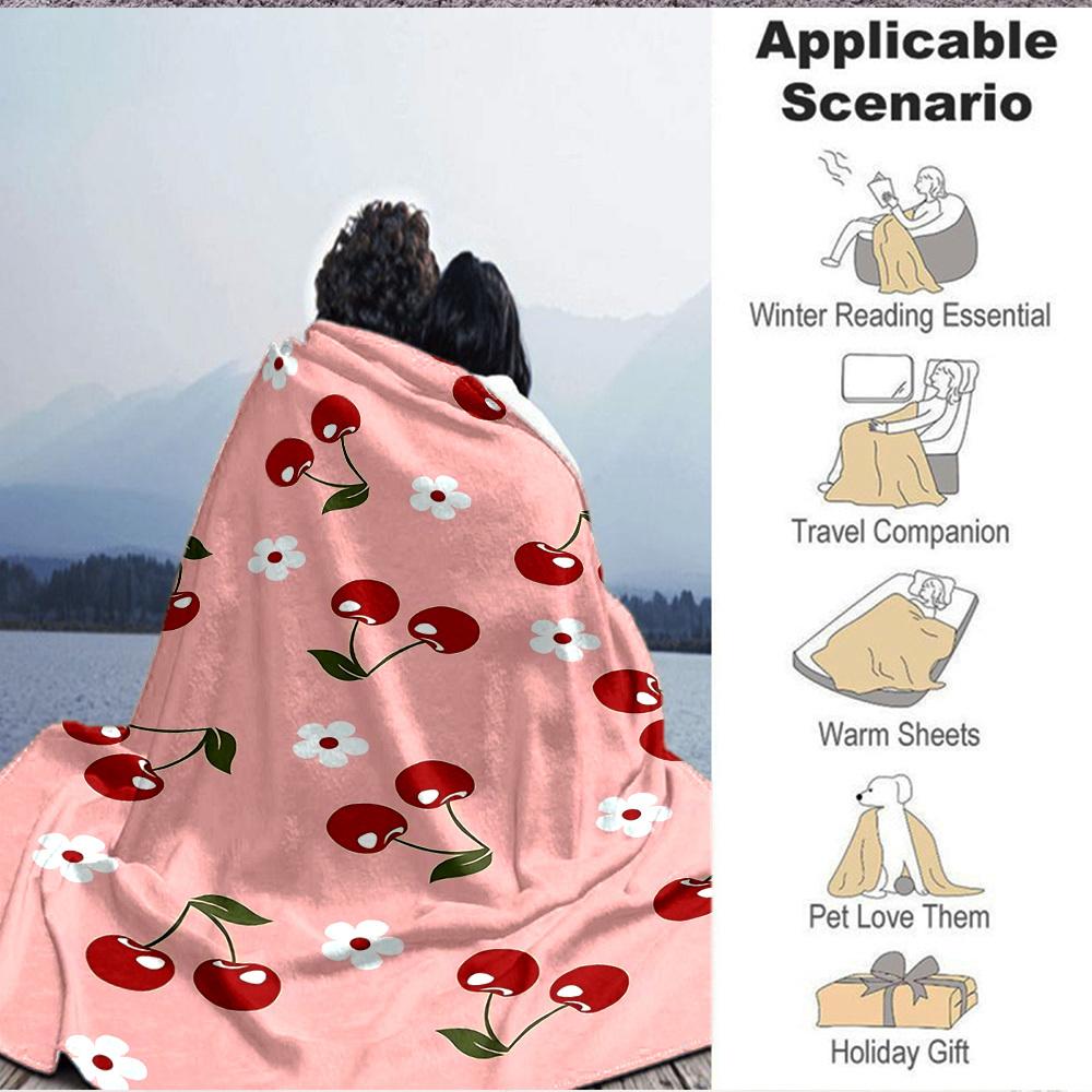 1pc Cherries Blossoms Lightweight Flannel Blanket, Comfortable and Warm Blanket, for Office and Camping Sofa Bed, Livingroom097