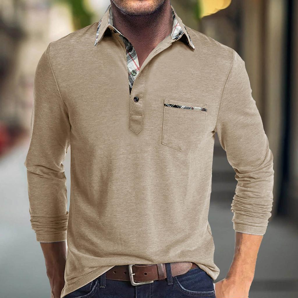 Мужская весенняя однотонная футболка с отворотом, 3 пуговицами, открытой планкой, длинными рукавами