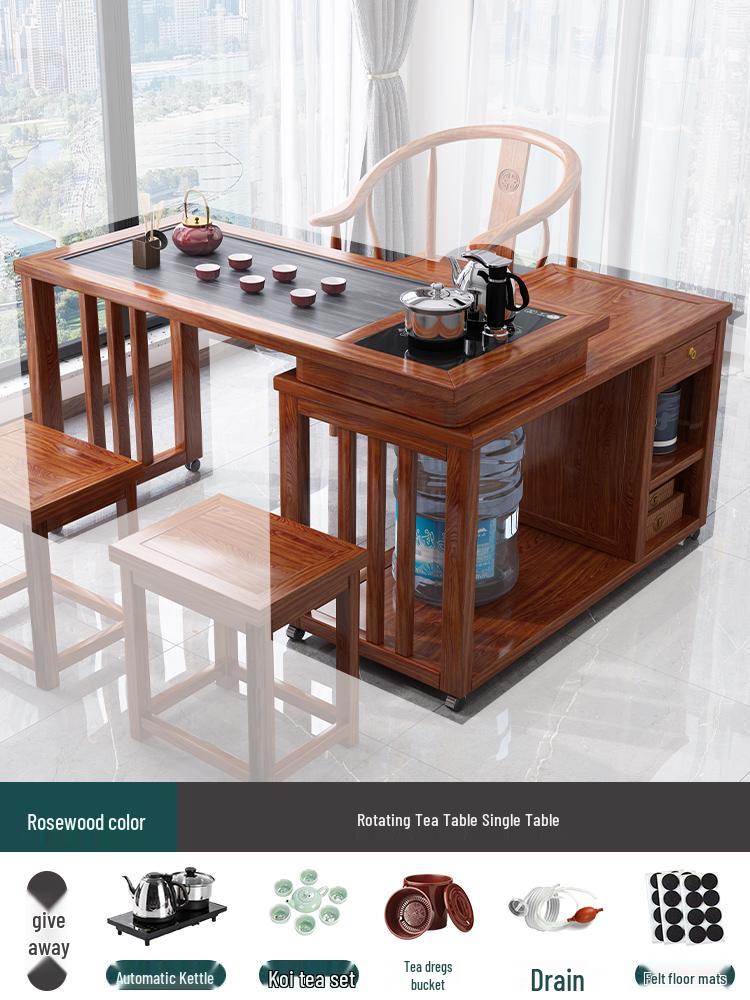 Solid Wood Rotating Tea Table Set with Chairs and Kettle, Mobile Balcony Coffee Table for Home.