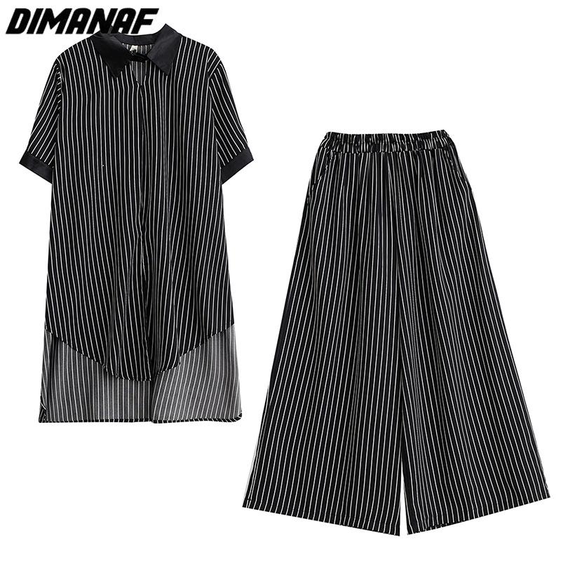 DIMANAF 2023 плюс размер комплект из двух предметов, женский шифоновый костюм в полоску с принтом Vinatge, топы и брюки, женский костюм, летний черный