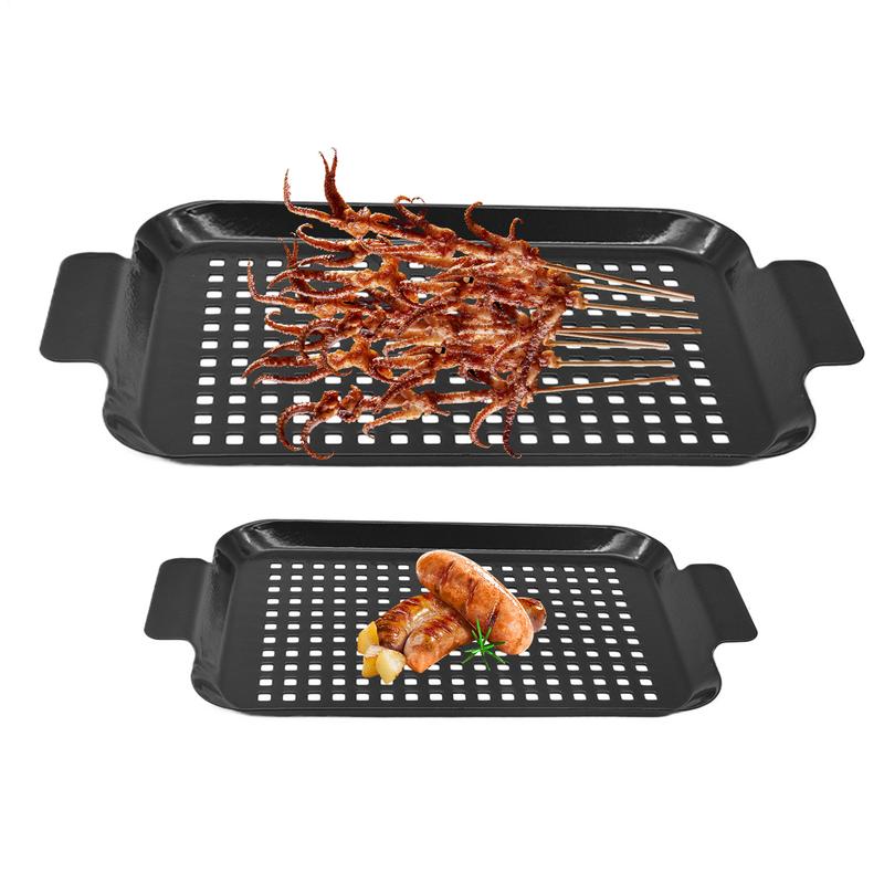 BBQ Grill Topper Pan Barbecue Tray Nonstick Double-Size Grill Pans Camping Cookware Indoor Outdoor Use For Charcoal Grills