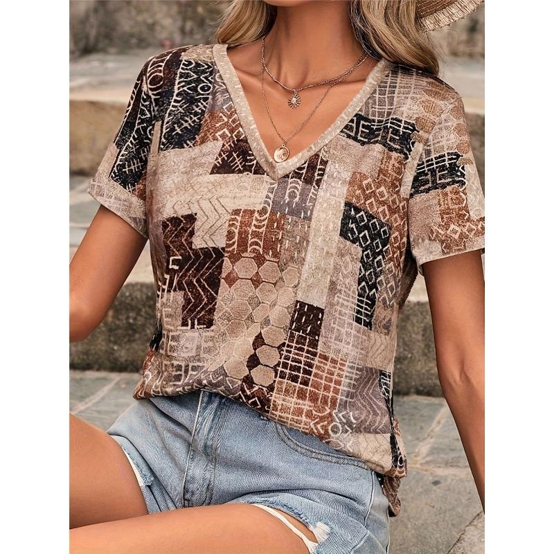 Ethnic Women's T-Shirt Vintage Graphic Fashion Short Sleeved V-Neck Regular Tops Daily Print Tee Summer Spring Casual Tops