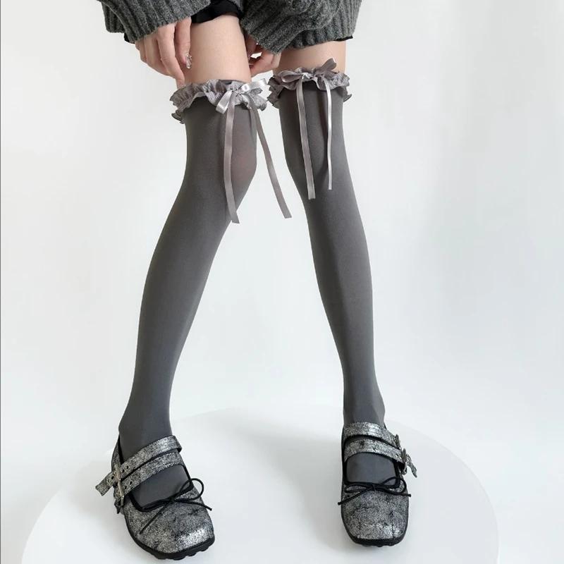 Women Lace Black White Ruffle Long Socks Women Girls Sweet Stockings JK Lolita Nylon Lace Leggings Over The Knee Bowknot Hosiery