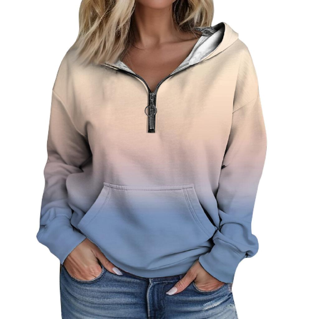 Women's Fashion Gradient Long Sleeved Loose Half Zippered Hoodie With Pockets