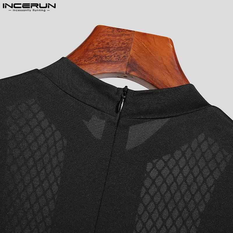 INCERUN Летний мужской черный сетчатый короткий комбинезон с вышивкой