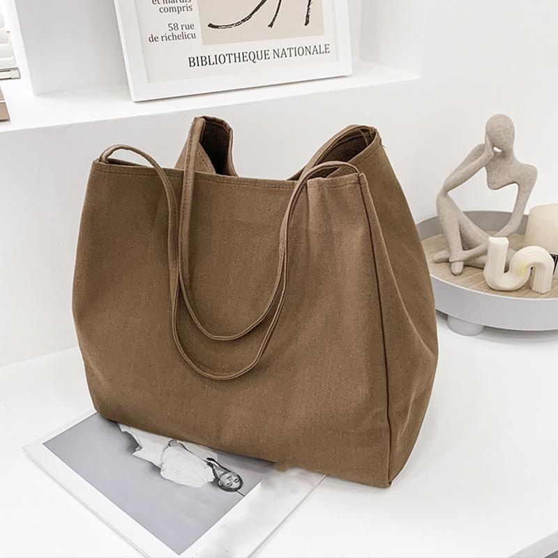 Simple Canvas Handbag For Women Large Capacity Tote Bag Travel Solid Color Reusable Shoulder Bag