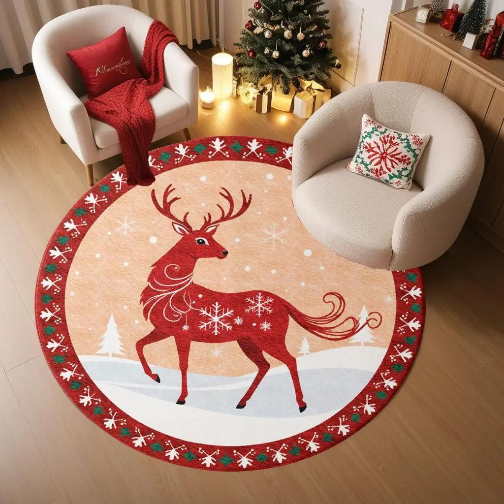 New Christmas Holiday Decoration Round Carpet Tree Atmosphere in Stock Entrance Rugs Stain-resistant Washable Festive Foot mats