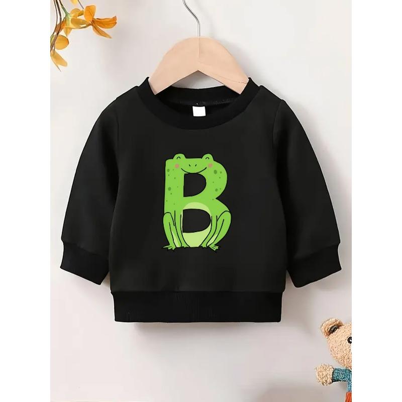 Cute Frog Print Green Letter B Design | Comfortable And Easy Crew Neck Hoodie For 0-3 Year Old Baby Girls, Long Sleeve