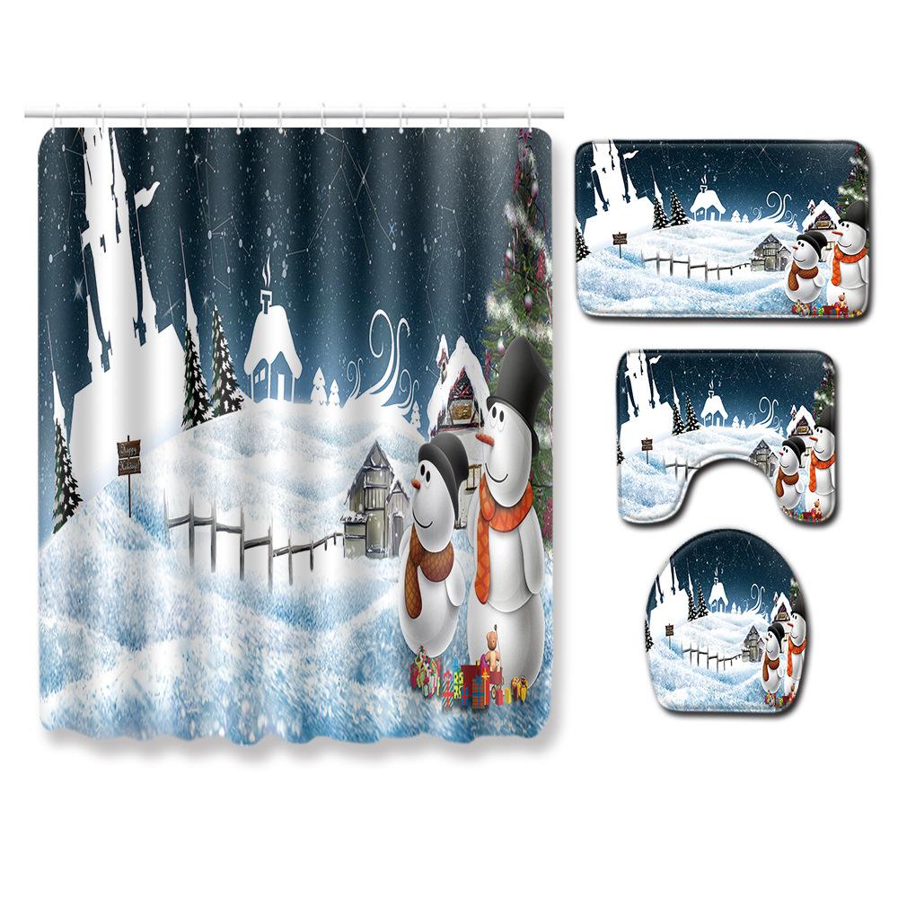 Christmas Shower Curtain Floor Mat Combination Four-Piece Set Bathroom Toilet Carpet Shower Room Mat Foot Mat