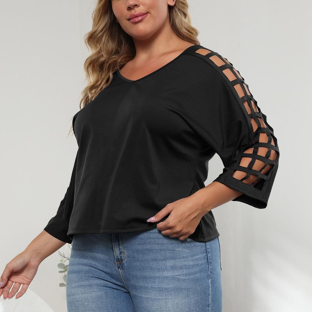 Женский летний повседневный модный сексуальный удобный свободный топ большого размера с полым v-образным вырезом, однотонный топ с рукавами три четверти