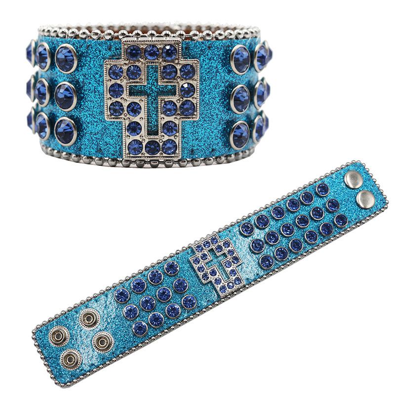 Европейские и американские модные браслеты с крестообразными вставками из бриллиантов и стразов, персонализированные браслеты из ПУ кожи