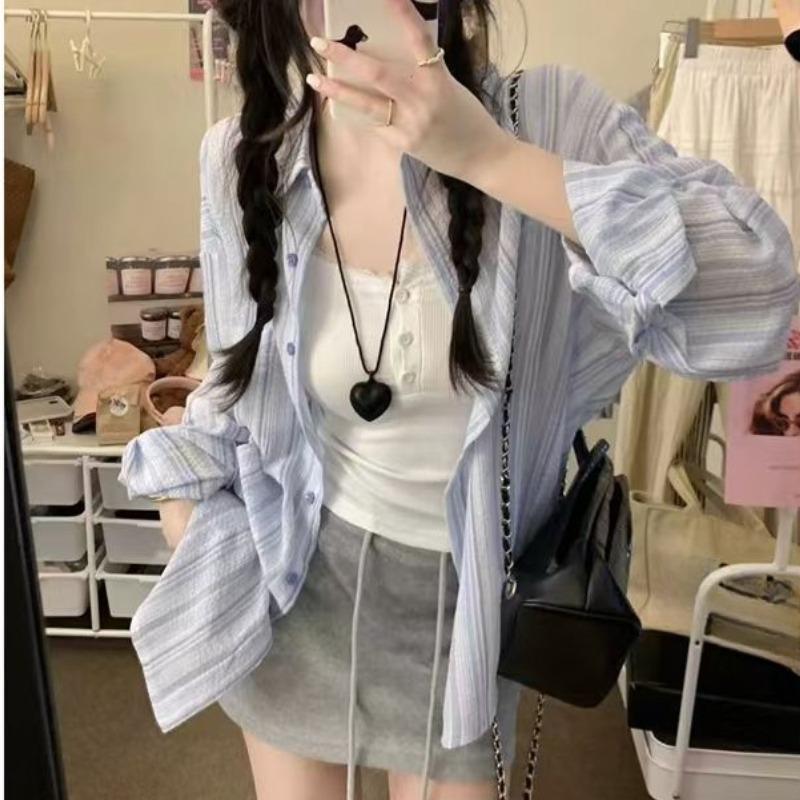 Модная свободная повседневная полосатая рубашка для женщин, весна-лето, застегивающаяся на пуговицы, солнцезащитные блузки, женские топы, элегантные простые офисные женские рубашки 26113