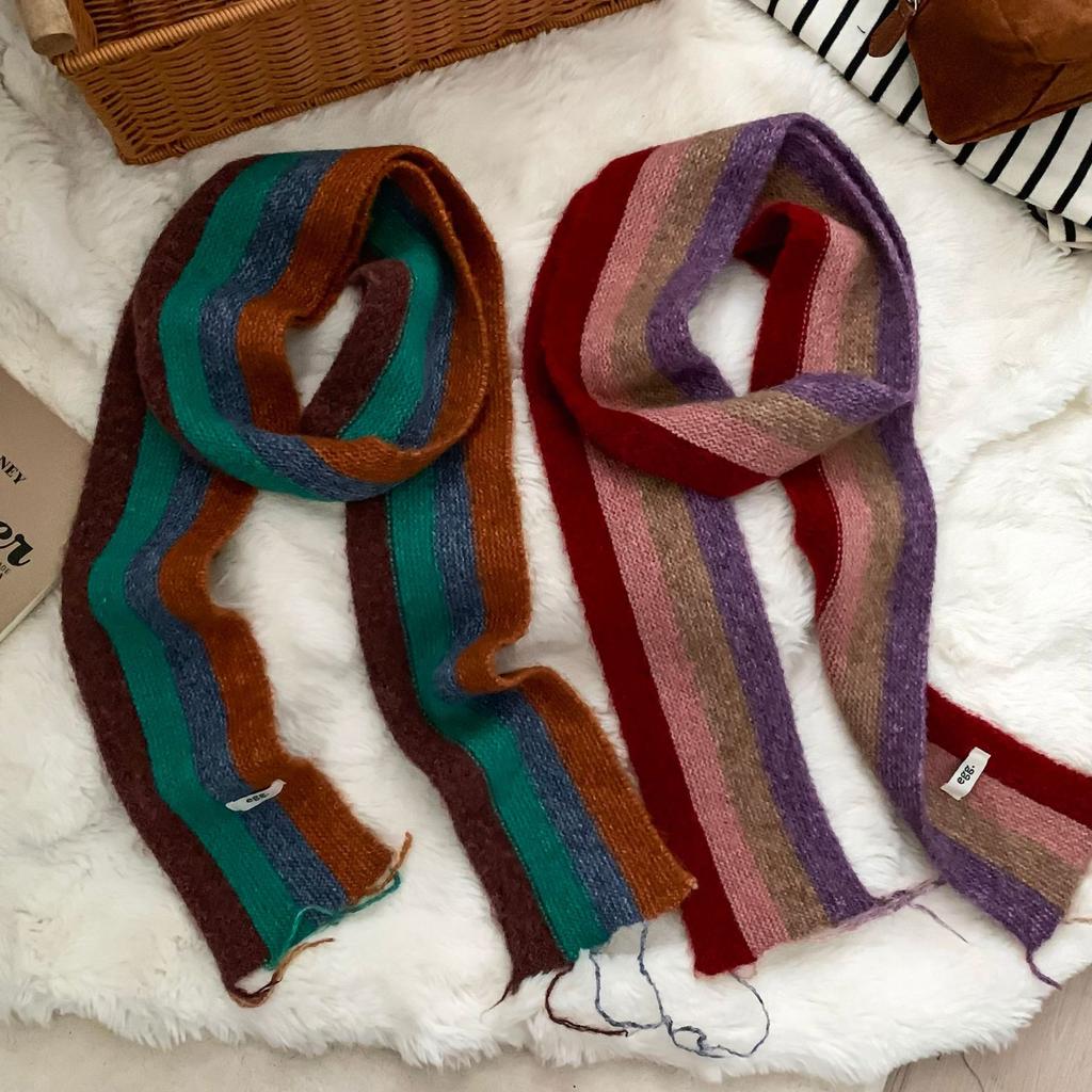 Scarf Korean Atmosphere Rainbow Striped Fringed Knitted Scarf Autumn And Winter Thickened Warm Versatile Scarf